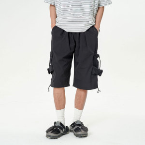 FORN32025夏季新款男士潮流宽松直筒短裤日潮休闲装饰袢休闲裤男