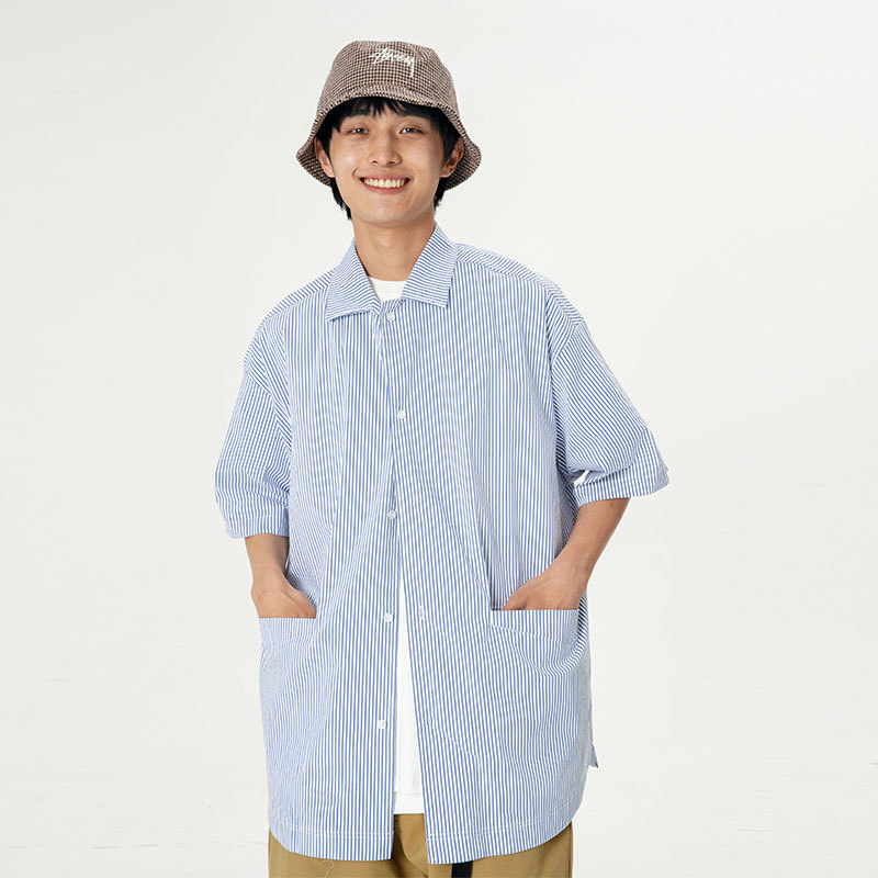 南夏乔装2025夏季新款男士竖条纹翻领衬衫日潮休闲口袋装饰衬衣,男装衬衫,电商S006（B521）