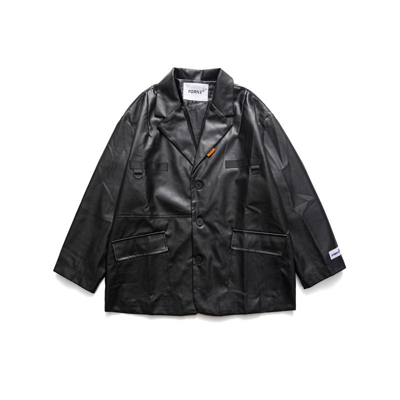 寻自FORN3日潮机能pu皮夹克男西服秋款宽松阔版多袋皮衣工装外套,男装夹克,电商S006（B521）