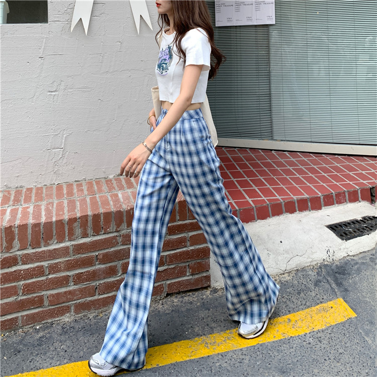 Real price real shot spring and summer versatile high waist thin Plaid split floor wide leg pants woman