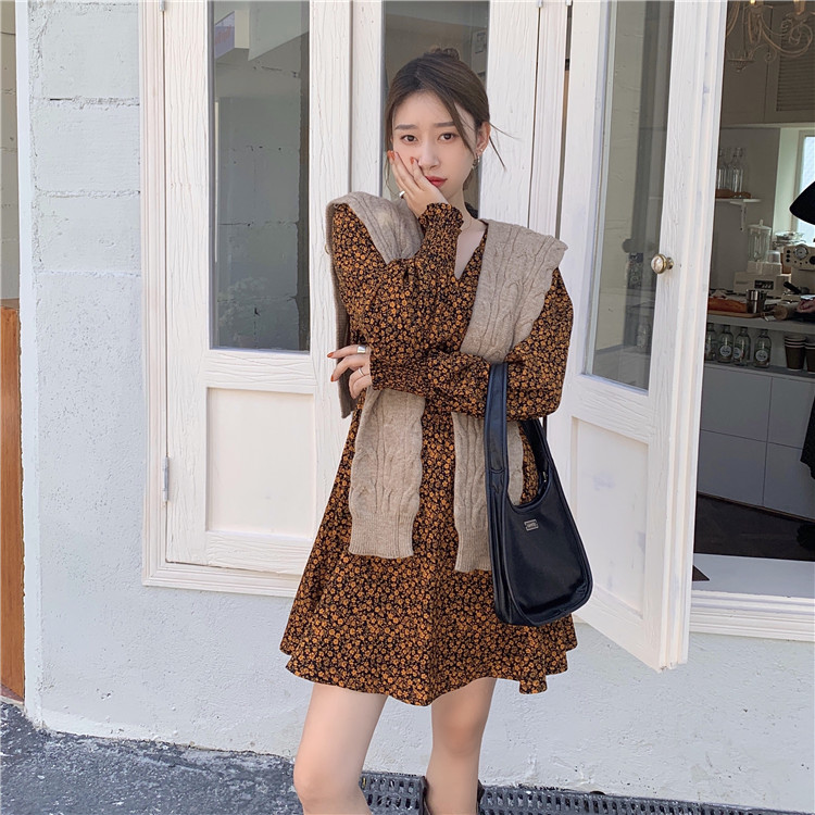 Real price autumn and winter bottom show thin V-neck Long Sleeve Chiffon Floral Dress