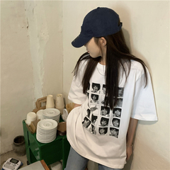 實價實拍 春夏寬鬆下擺開叉可愛人頭印花T恤女下半身失蹤