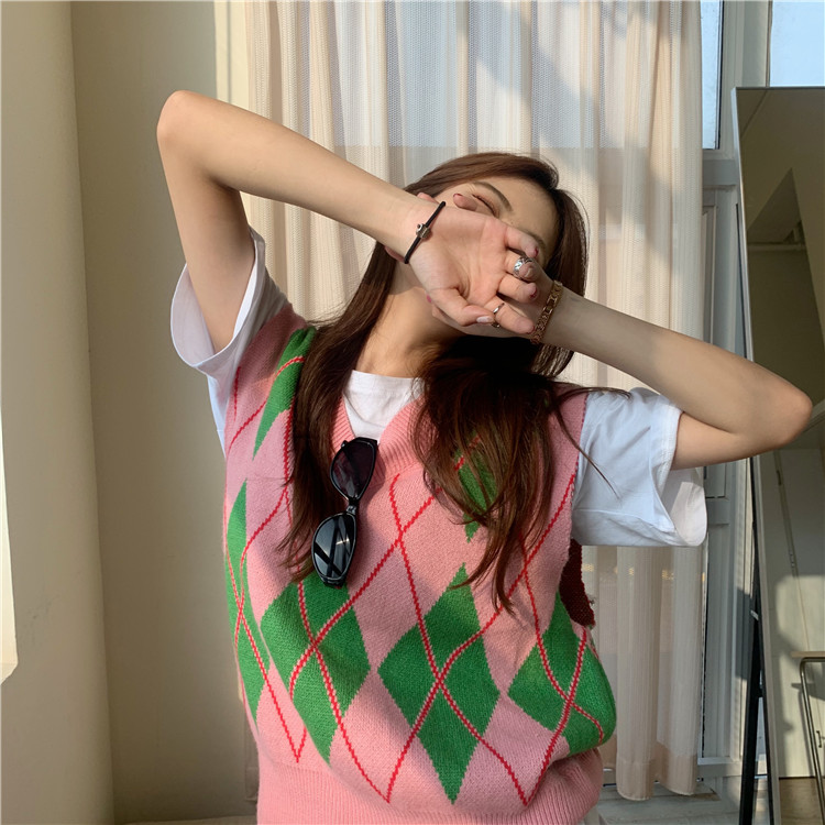 Real Price vintage Plaid color matching knitted vest sweater