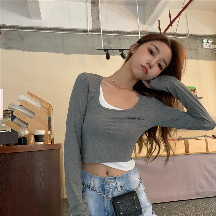 Real price 2021 new slim design two short square collar long sleeve t-shirts