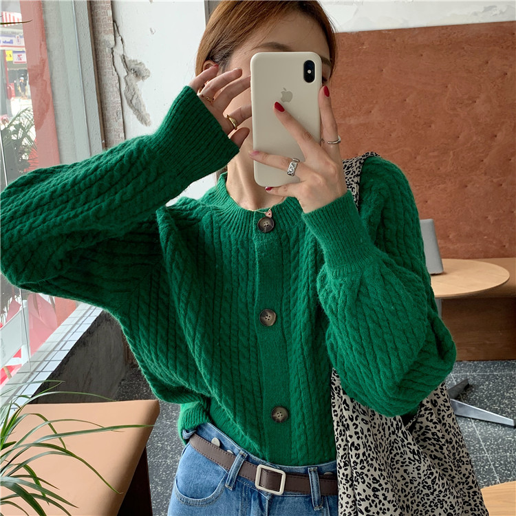 Real shot real price autumn loose and retro twist cardigan sweater