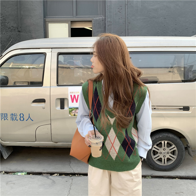 實價實拍 V領早春外穿菱格內搭坎針織馬甲背心女