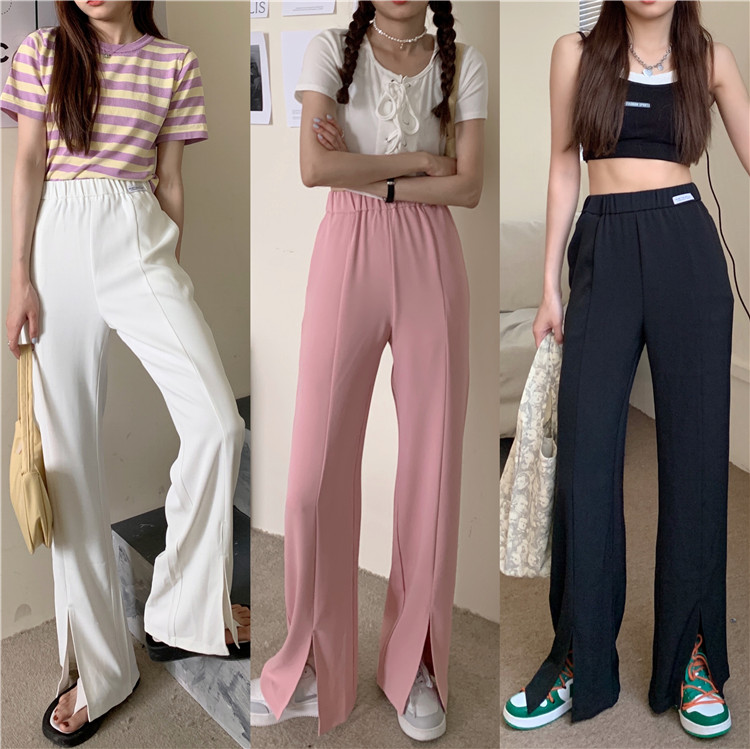 Real price real shot: versatile high waist, thin elastic waist, split, solid color, floor down, wide and straight pants in early spring