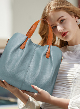 通勤真皮感大容量托特包撞色头层牛皮女包小众斜挎手提包包