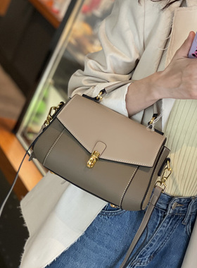 真皮女包小众百搭单肩包2025新款感撞色手提包时尚通勤斜挎包