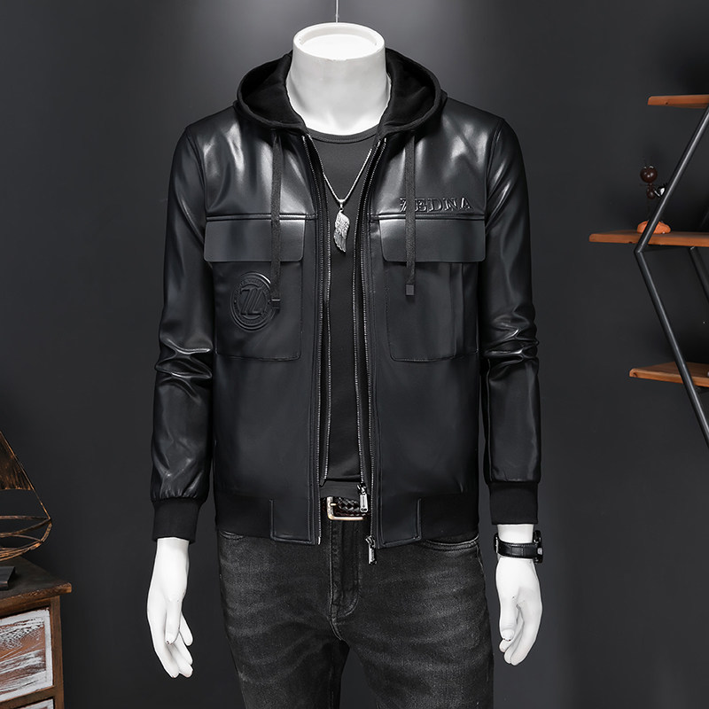 23607莉莉家连帽皮衣夹克外套刺绣拉链时尚潮秋冬装P255，男装皮衣，电商D207