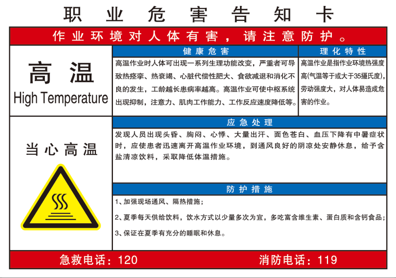 职业病告知卡标识牌 注意高温警示牌 安全警告牌 铝板60*40厘米