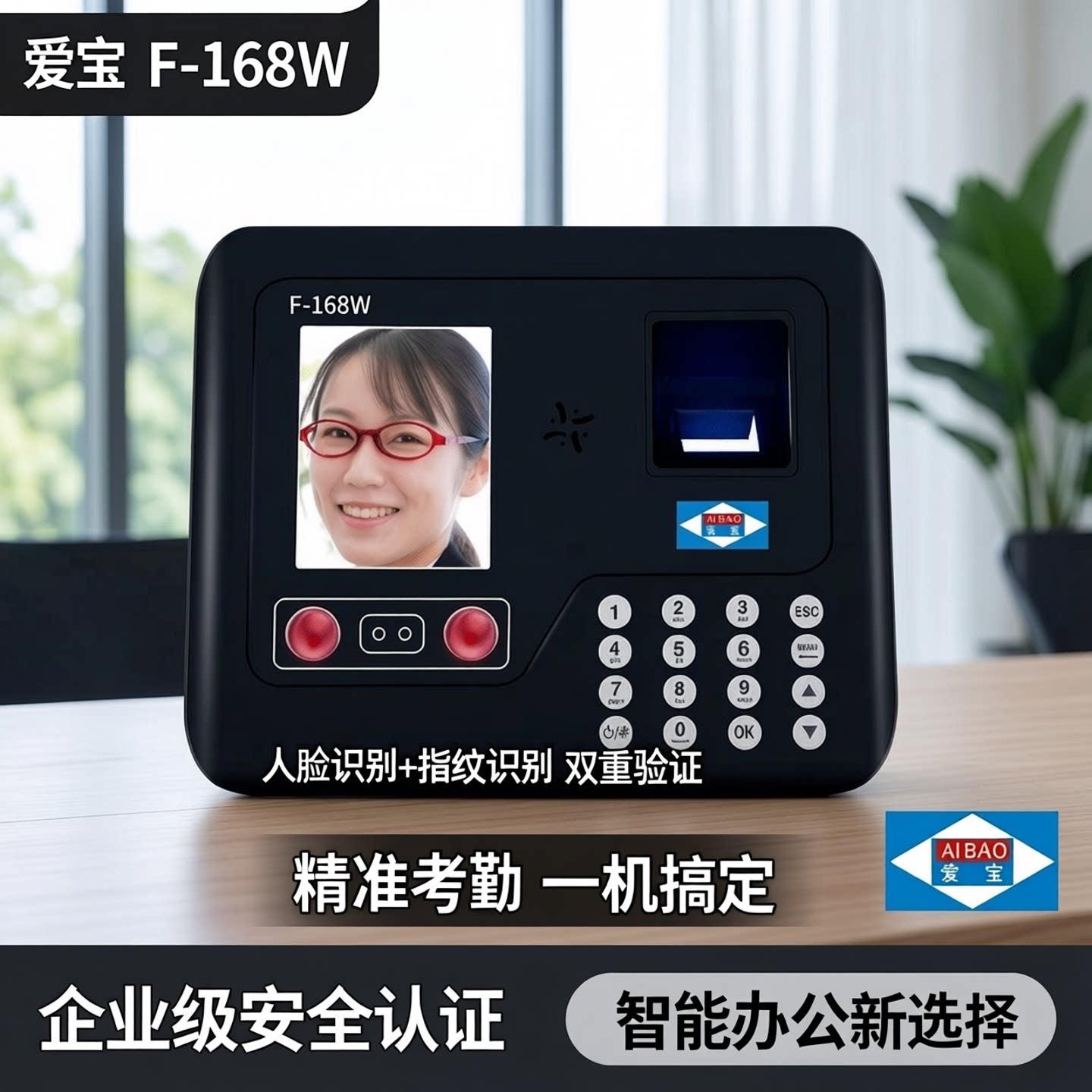 爱宝F-168打卡机考勤机人脸识别打卡器企业公司办公室员工上下班签到机面部识别打卡钟工地刷脸一体指纹机
