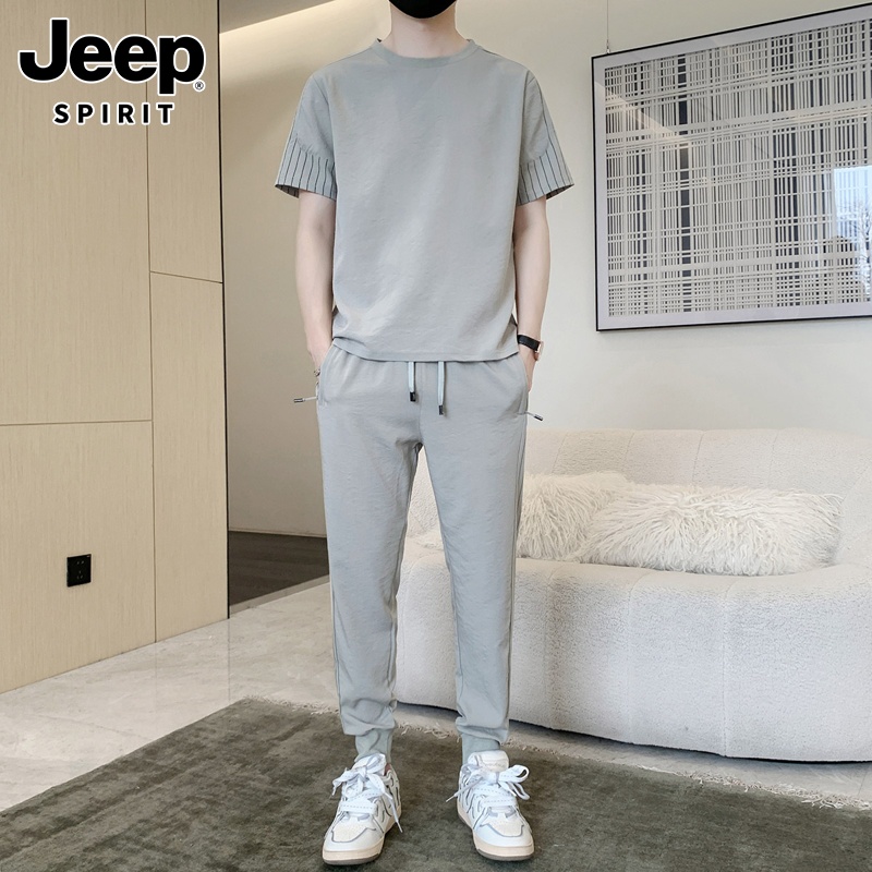 JEEP SPIRIT冰丝休闲运动套装男士夏季薄款搭配短袖长裤子一套男