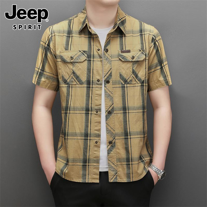 JEEP SPIRIT纯棉短袖衬衫男士夏季薄款休闲格子工装衬衣外套男潮