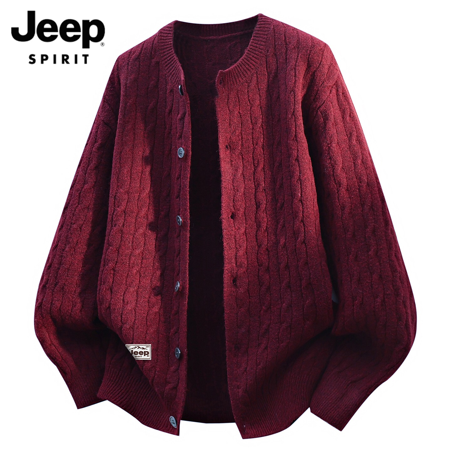 JEEPSPIRIT本命年红色毛衣男士2026冬季复古麻花纹针织开衫男外套