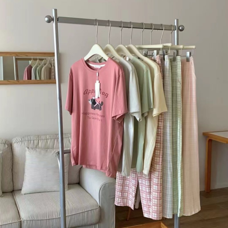 韩社凉感纯棉小狗家居服套装女夏季舒适休闲宽松纯色短袖圆领睡衣