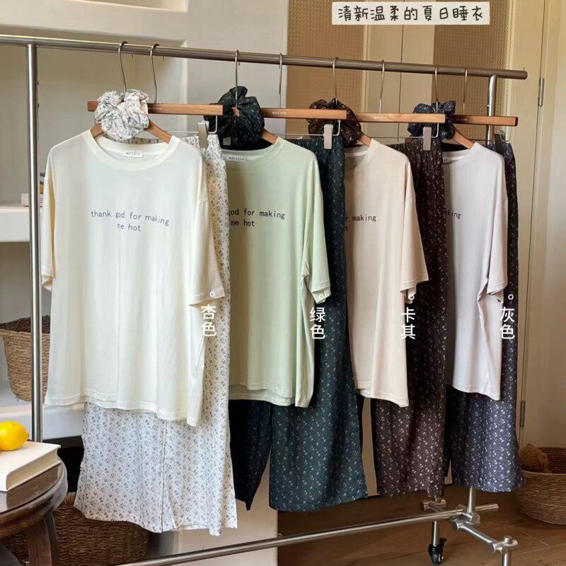 2611#韩社莱赛尔碎花悠闲家居服套装女夏季舒适宽松短袖圆领睡衣