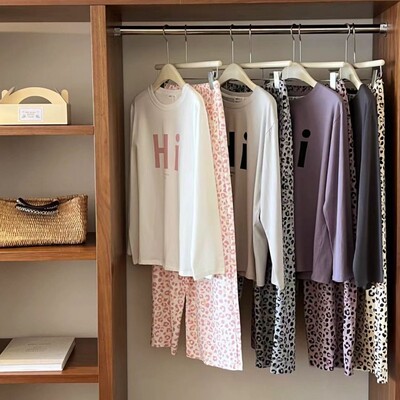 2601#韩社休闲豹纹字母纯棉家居服套装女春季舒适长袖圆领睡衣