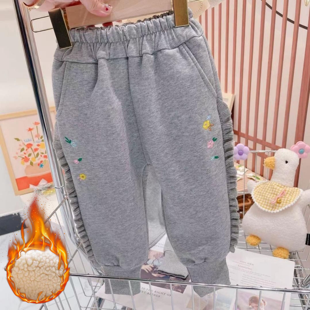 女童秋冬加绒卫裤2023新款冬季洋气加厚宽松长裤时尚纯棉花边裤子