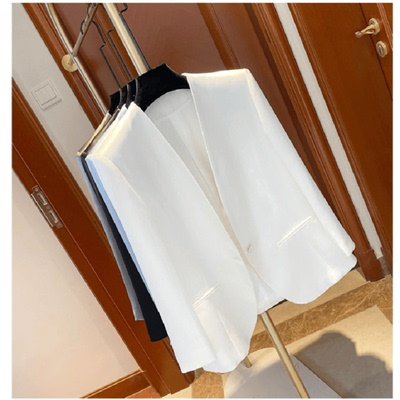 三醋酸缎面西装外套女2025春秋新款无领高级感小个子短款上衣白色