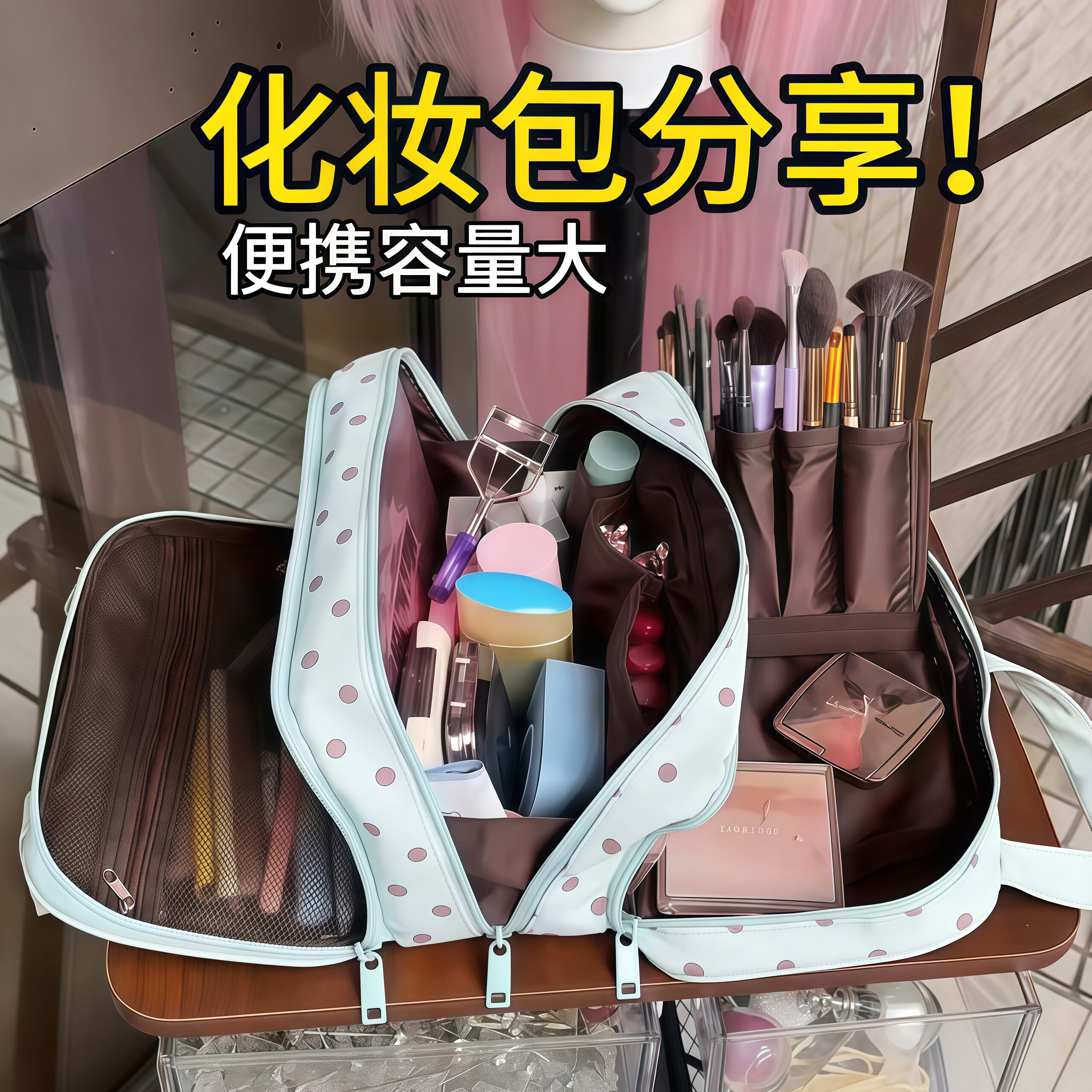 波点化妆包便携式薄荷收纳包女大容量三层防水化妆品分区外出立式图片