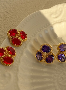 莫里里铜镶锆石法式复古小众耳钉通勤耳饰大气耳坠红色轻奢饰品