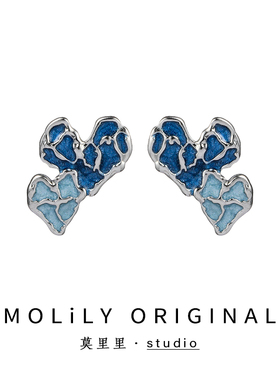 莫里里蓝色撞色爱之心耳环气质不规则女款独特耳钉高级感潮流耳夹