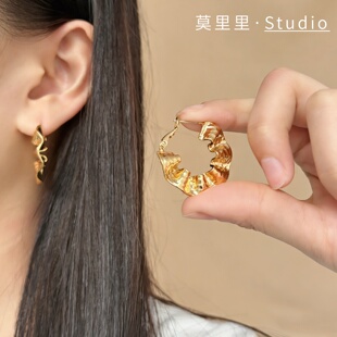 通勤耳坠ins风耳饰女 莫里里复古夸张冷淡风耳钉褶皱几何小众个性
