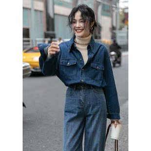 原創(chuàng)復(fù)古港風(fēng)牛仔襯衫 女秋冬設(shè)計(jì)感小眾內(nèi)搭疊穿上衣外套2023新款