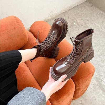 厚底马丁靴女2022新款秋冬小个子短靴圆头系带女靴英伦风复古单靴