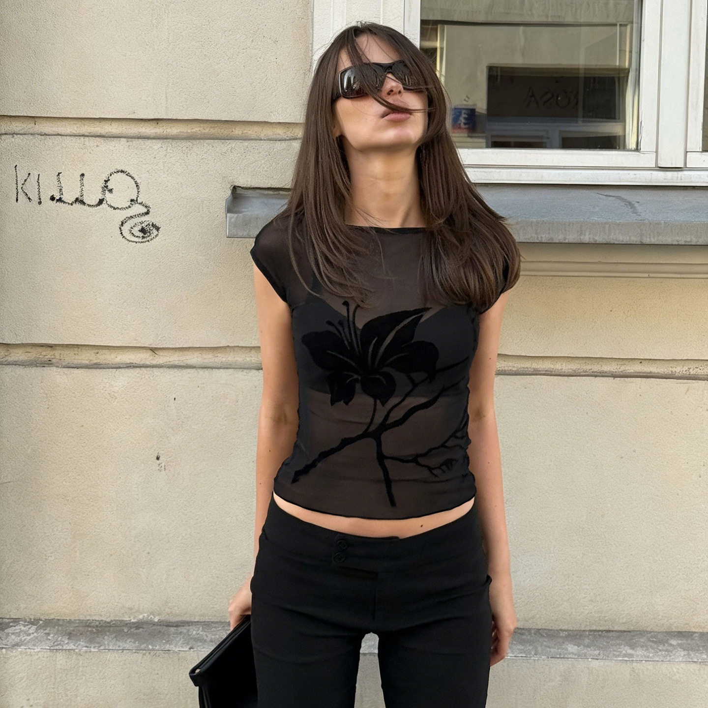 欧美性感辣妹风植绒印花网纱短袖上衣夏季新款圆领纯色修身T恤女