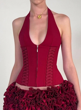 欧美性感U领绑带束腰挂脖背心女秋季Jennie风时尚百搭辣妹短上衣