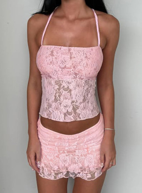 法式纯欲清新甜美风少女心套装系带蕾丝无袖吊带+纯色花朵半裙女