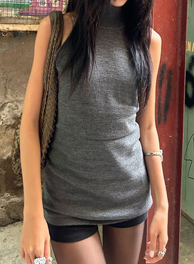 时尚辣妹中高领收腰显瘦外穿小背心中长款毛织休闲百搭无袖上衣女