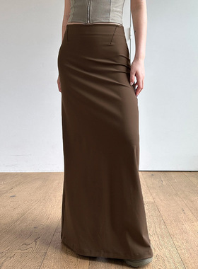 欧美设计感中高腰个性纯色针织修身一片式开衩显瘦收腰半身长裙秋