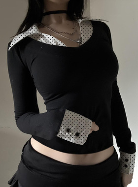 欧美高级感百搭ins少女纯欲假两件波点拼接T恤修身显瘦长袖上衣秋