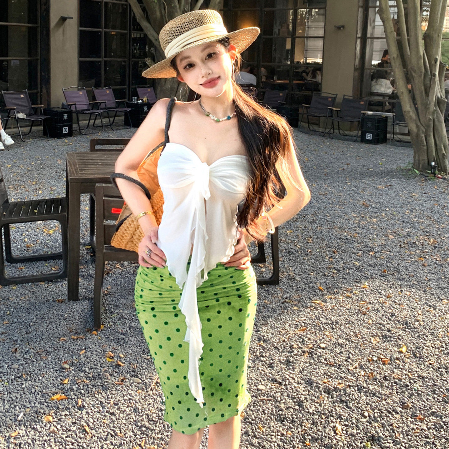 欧美度假风清新绿色波点半身裙夏季新款甜美少女风修身包臀裙女装