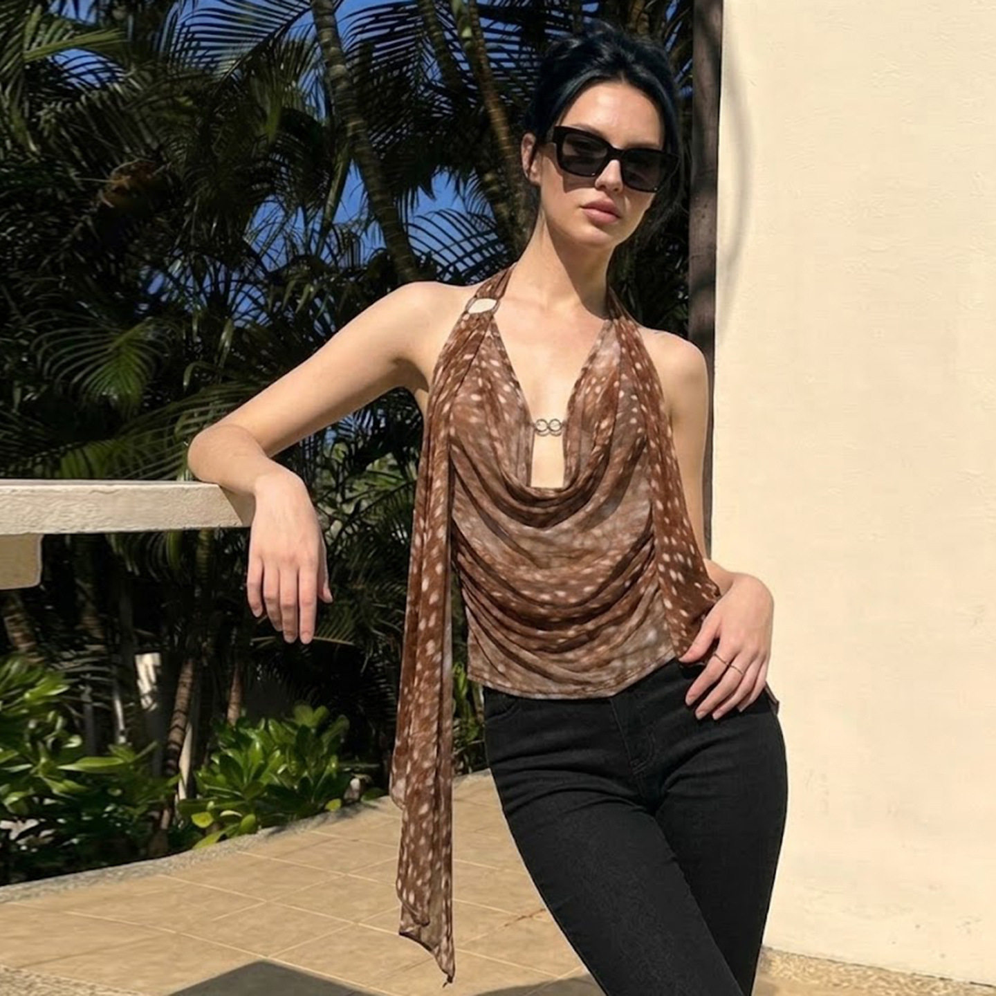 欧美性感辣妹特色荡领金属扣小鹿斑比波点夏季露背印花辣妹吊带女