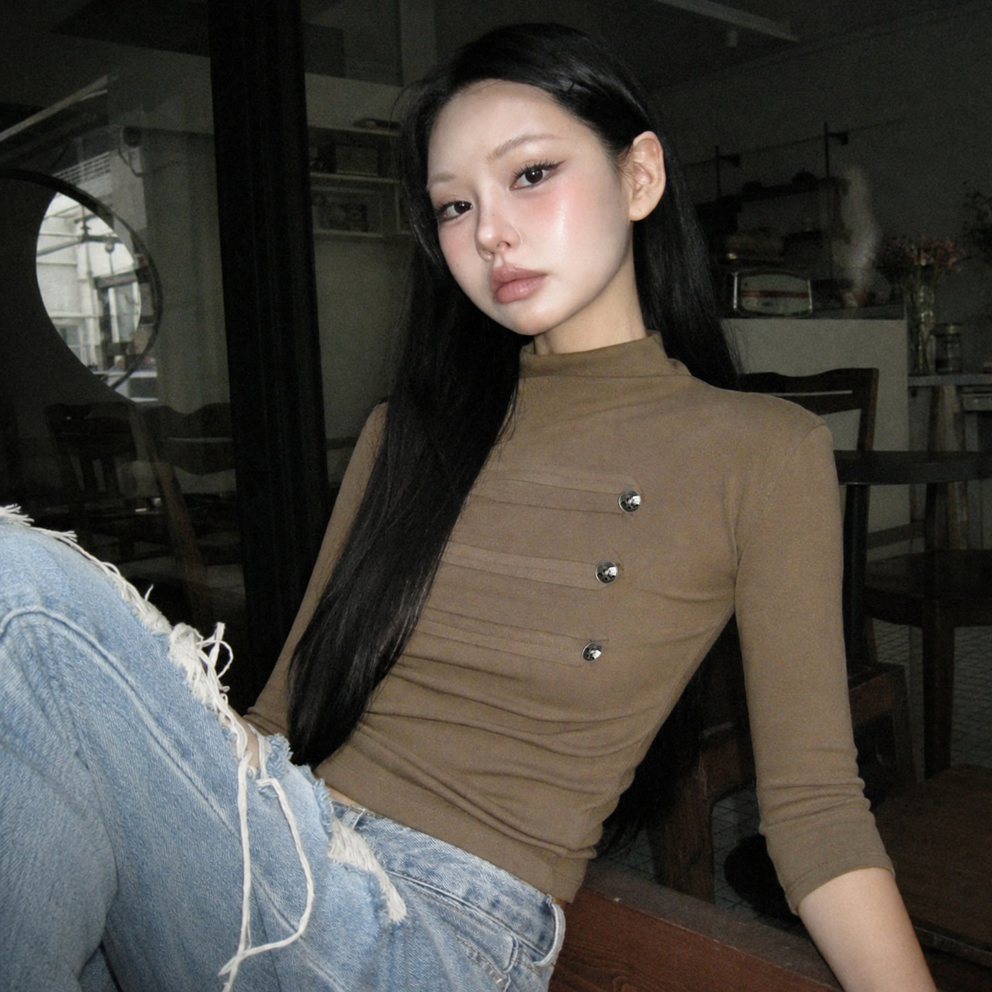 小众风设计拼接纽扣半高领修身中袖T恤复古美式做旧休闲辣妹上衣