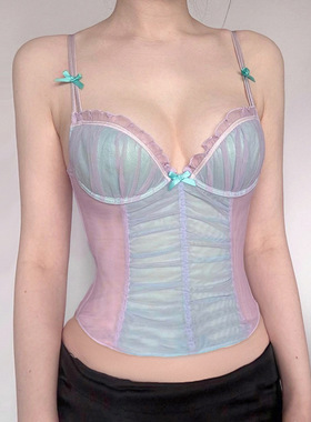 纯欲感网纱撞色蝴蝶结吊带背心女内搭外穿可爱少女V领显胸上衣短