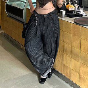 新款条纹弯道宽松牛仔裤欧美个性潮流风百搭基础休闲直筒阔腿裤春