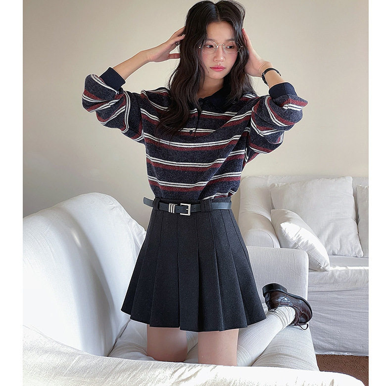 miu系穿搭复古撞色条纹polo领套头毛衣女学院风针织衫翻领拼接韩