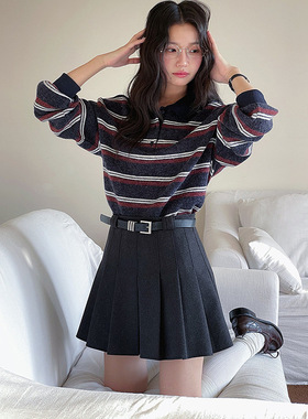 miu系穿搭复古撞色条纹polo领套头毛衣女学院风针织衫翻领拼接韩