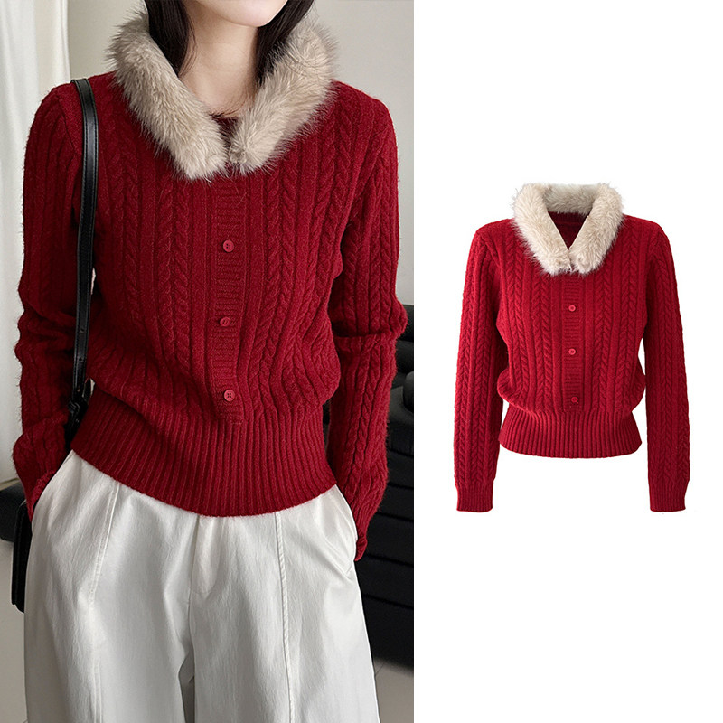 复古编织风红色毛领可拆卸针织衫女套头显瘦保暖毛衣氛围感韩系暖