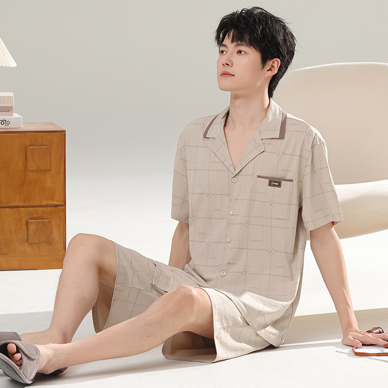 2026夏季新款睡衣男纯棉薄款短袖短裤套装青年男款休闲翻领家居服