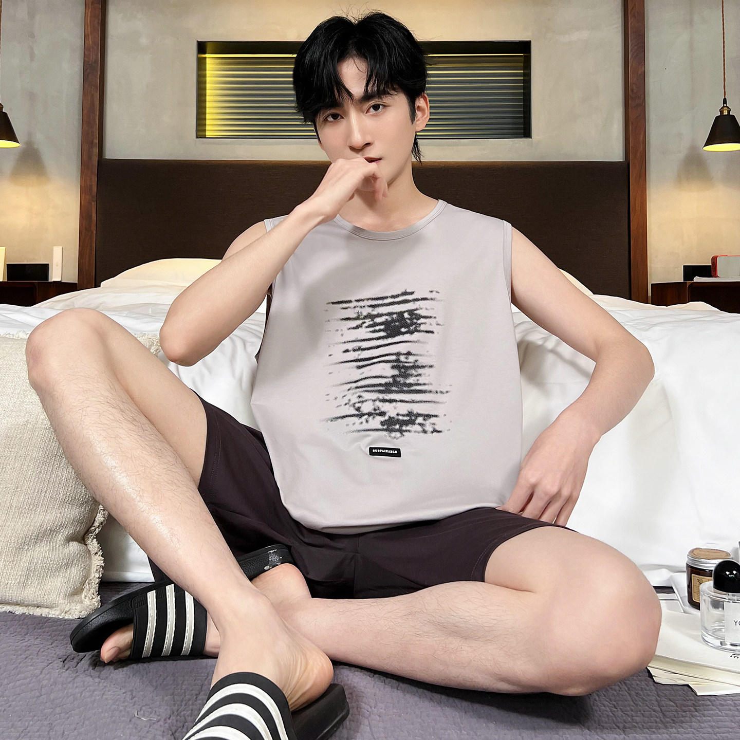 睡衣男士夏季莫代尔背心短裤家居服男款夏天薄款青少年大码套装