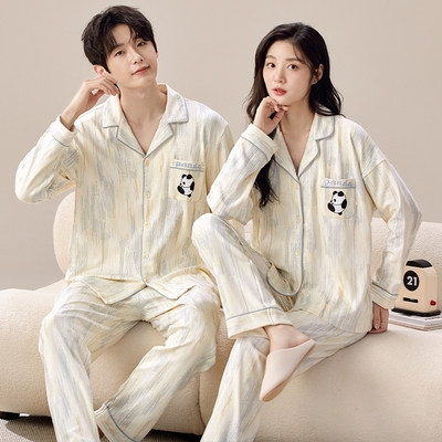 自带胸垫情侣睡衣女士春秋款秋季翻领纯棉长袖家居服翻领男款套装