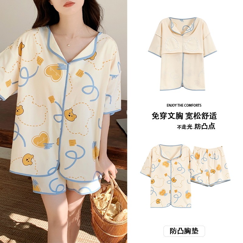 带胸垫睡衣女夏季纯棉短袖短裤女士薄款夏天卡通大码家居服套装