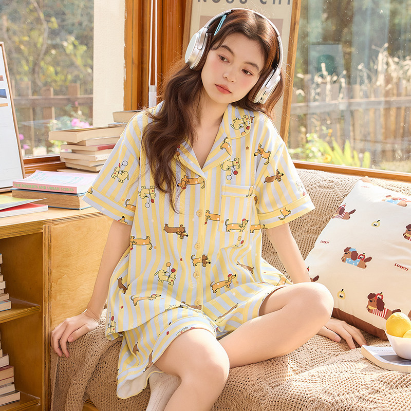 睡衣女款2026新款夏季款纯棉女士短袖短裤套装开衫休闲家居服夏天