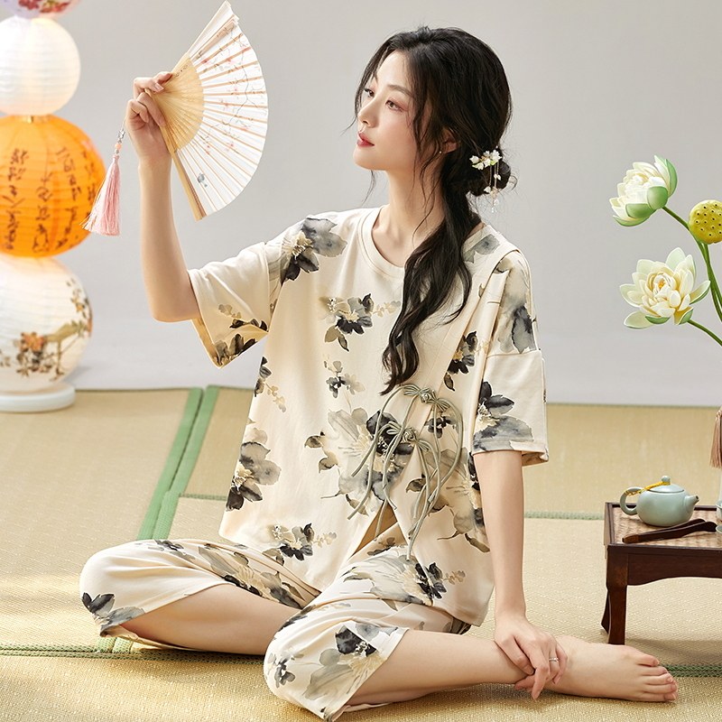 睡衣女款夏季新中式纯棉短袖七分裤女士薄款夏天大码可外穿家居服